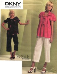 1111 Vogue DKNY Baby Doll Peasant Puff Sleeve Tunic Top, Crop Pants Pattern 14-20 Uncut